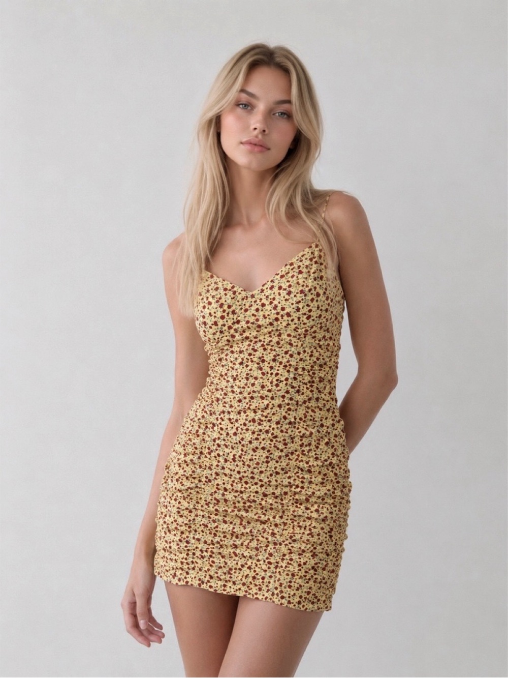 Floral Yellow Slip Mini Dress with Spaghetti Straps
